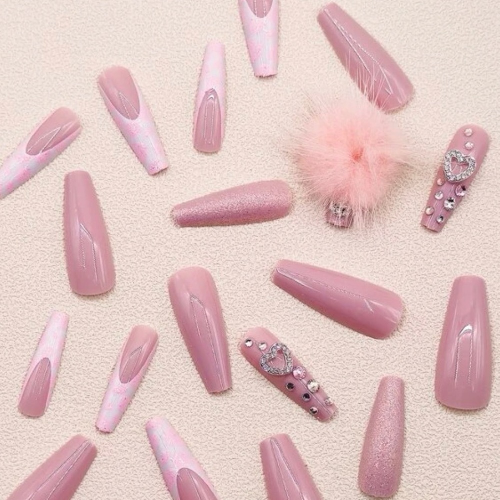 Long Square Pink Glitter Pom Pom & Rhinestone Heart Decor